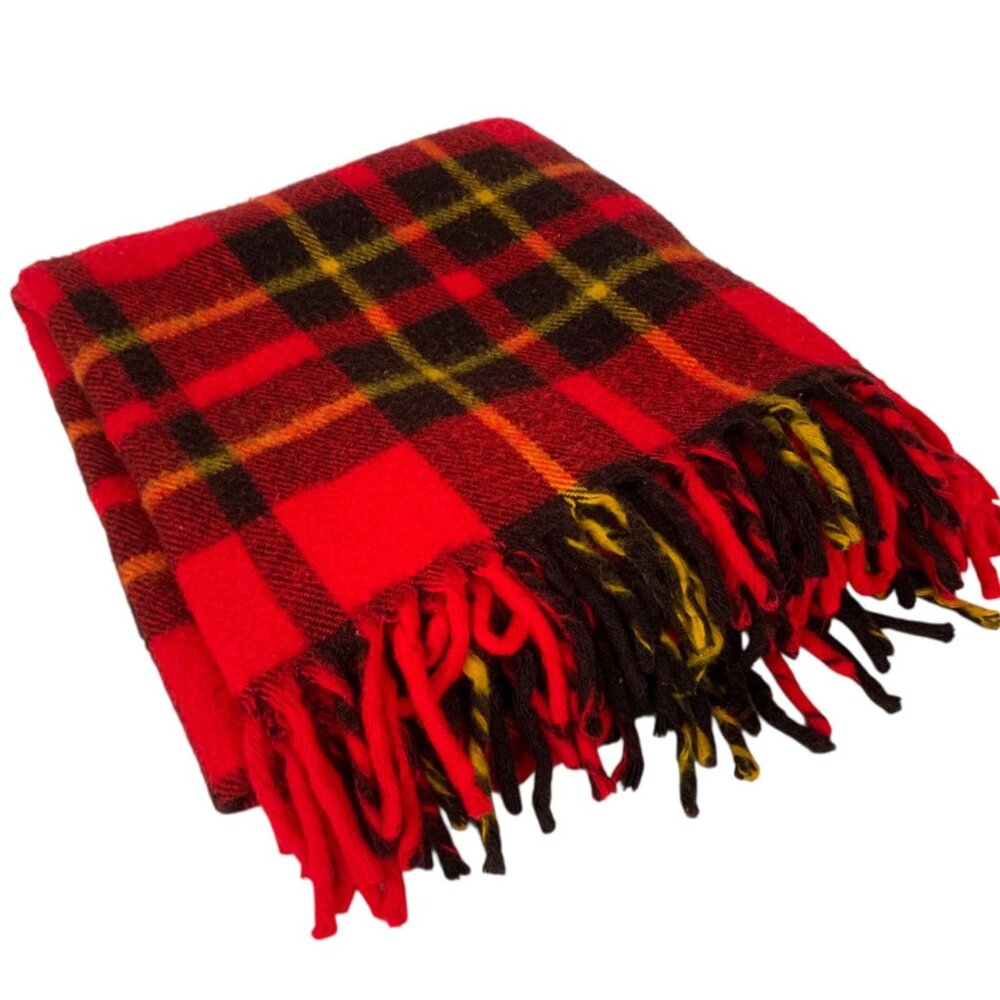Faribo Wool Blanket Red Plaid Fluff-Loomed With Fringe Edges Made In USA